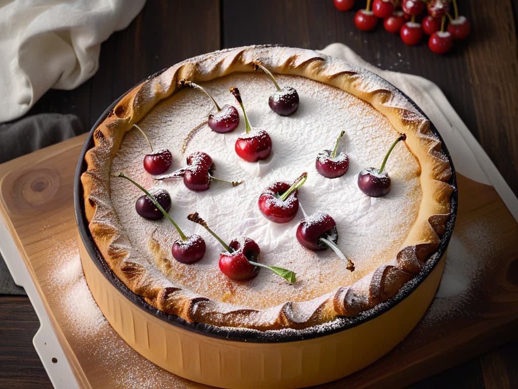  A minimalistic, highly detailed image of a freshly baked cherry clafoutis cooling on a rustic wooden table, with a sprinkle of powdered sugar on top. The clafoutis is surrounded by a few vibrant red cherries, a sprig of fresh mint, and a delicate dusting of extrafine sugar. The lighting is soft, casting gentle shadows, emphasizing the textures of the dessert and the natural elements. The image exudes a sense of warmth, freshness, and homemade perfection, making it a visually captivating addition to the article. hyperrealistic, full body, detailed clothing, highly detailed, cinematic lighting, stunningly beautiful, intricate, sharp focus, f/1. 8, 85mm, (centered image composition), (professionally color graded), ((bright soft diffused light)), volumetric fog, trending on instagram, trending on tumblr, HDR 4K, 8K