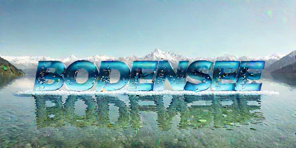  3D text "BODENSEE" made of water bubbles, floating above a lake, mountainous backdrop, in high resolution photo style.