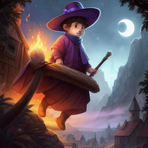  watercolor, storybook, child-book, Young boy flying on a red broom over a small village, wearing a purple magic hat, surrounded by yellow stars under a crescent moon., best quality, very detailed, high resolution, sharp, sharp image hyperrealistic, full body, detailed clothing, highly detailed, cinematic lighting, stunningly beautiful, intricate, sharp focus, f/1. 8, 85mm, (centered image composition), (professionally color graded), ((bright soft diffused light)), volumetric fog, trending on instagram, trending on tumblr, HDR 4K, 8K