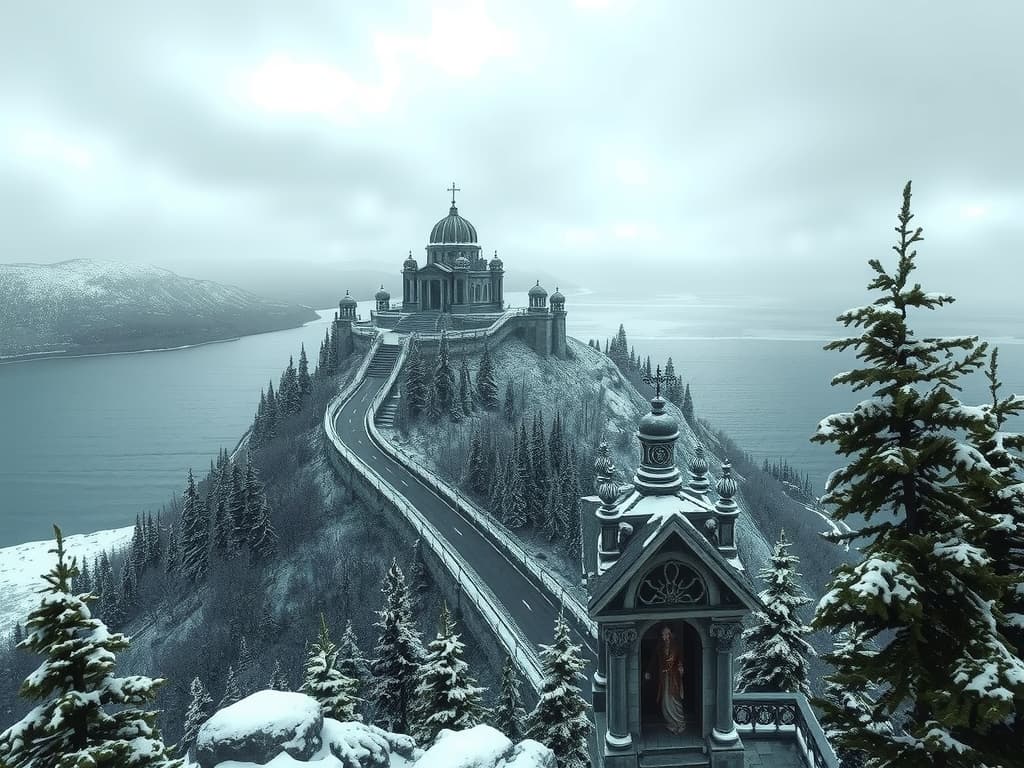  snowy arctic island covered in pine forests just above a stormy sea, the island looms 150 feet over the water in icy, treacherous cliffs, gothic mausoleum stands on the northern end of the island, haunting, 1990s ravenloft art ar 16:9 hyperrealistic, full body, detailed clothing, highly detailed, cinematic lighting, stunningly beautiful, intricate, sharp focus, f/1. 8, 85mm, (centered image composition), (professionally color graded), ((bright soft diffused light)), volumetric fog, trending on instagram, trending on tumblr, HDR 4K, 8K