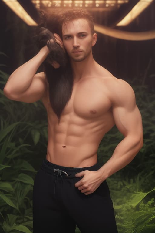  A young, muscular, bare chested man (wearing only dark sweats) is standing in the center of a lush, verdant forest. His toned physique glistens with sweat as he (((holds the severed head of a grotesque, monstrous creature well above his head))). The head, attached to a thick, sinewy neck, sports sharp fangs and bloodshot eyes that stare lifelessly into the distance. (((The man's bare chest glows with an ethereal light, illuminating a glowing red symbol in the center of his broad, muscular chest.))) His short dark hair is disheveled, and his face bears a look of triumph and determination, as if he has just vanquished an ancient evil hyperrealistic, full body, detailed clothing, highly detailed, cinematic lighting, stunningly beautiful, intricate, sharp focus, f/1. 8, 85mm, (centered image composition), (professionally color graded), ((bright soft diffused light)), volumetric fog, trending on instagram, trending on tumblr, HDR 4K, 8K