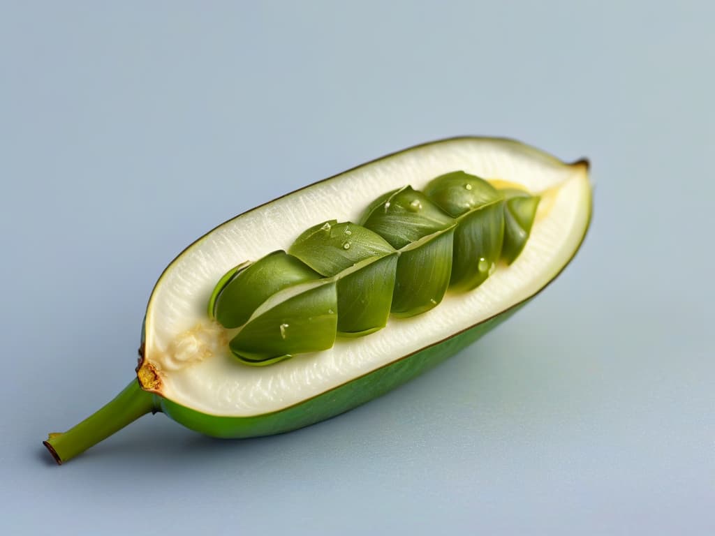  A closeup, highresolution image of a delicate vanilla bean pod split open to reveal the tiny, aromatic seeds inside. The focus is sharp, highlighting the intricate details of the pod's texture and the tiny specks of vanilla seeds. The background is a soft, blurred gradient to emphasize the simplicity and elegance of the vanilla bean. hyperrealistic, full body, detailed clothing, highly detailed, cinematic lighting, stunningly beautiful, intricate, sharp focus, f/1. 8, 85mm, (centered image composition), (professionally color graded), ((bright soft diffused light)), volumetric fog, trending on instagram, trending on tumblr, HDR 4K, 8K