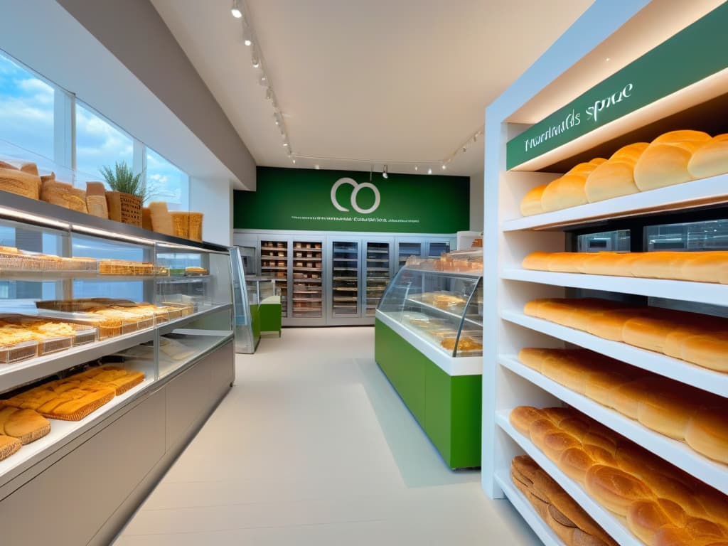  An ultradetailed image of a modern, minimalistic bakery interior filled with sustainable merchandising displays showcasing ecofriendly packaging, reusable containers, and organic ingredients. The image features a sleek, monochromatic color scheme with soft, natural lighting highlighting the greenery and earthy elements incorporated into the design. Customers can be seen browsing the products, adding a sense of movement and life to the serene, environmentallyconscious space. hyperrealistic, full body, detailed clothing, highly detailed, cinematic lighting, stunningly beautiful, intricate, sharp focus, f/1. 8, 85mm, (centered image composition), (professionally color graded), ((bright soft diffused light)), volumetric fog, trending on instagram, trending on tumblr, HDR 4K, 8K