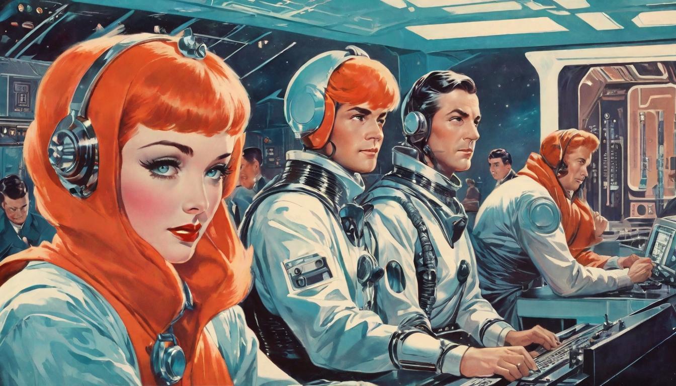  retro futuristic individuals embracing new technologies, futuristic setting, enhancing human potential lvintage sci fi, 50s and 60s style, atomic age, vibrant, highly detailed