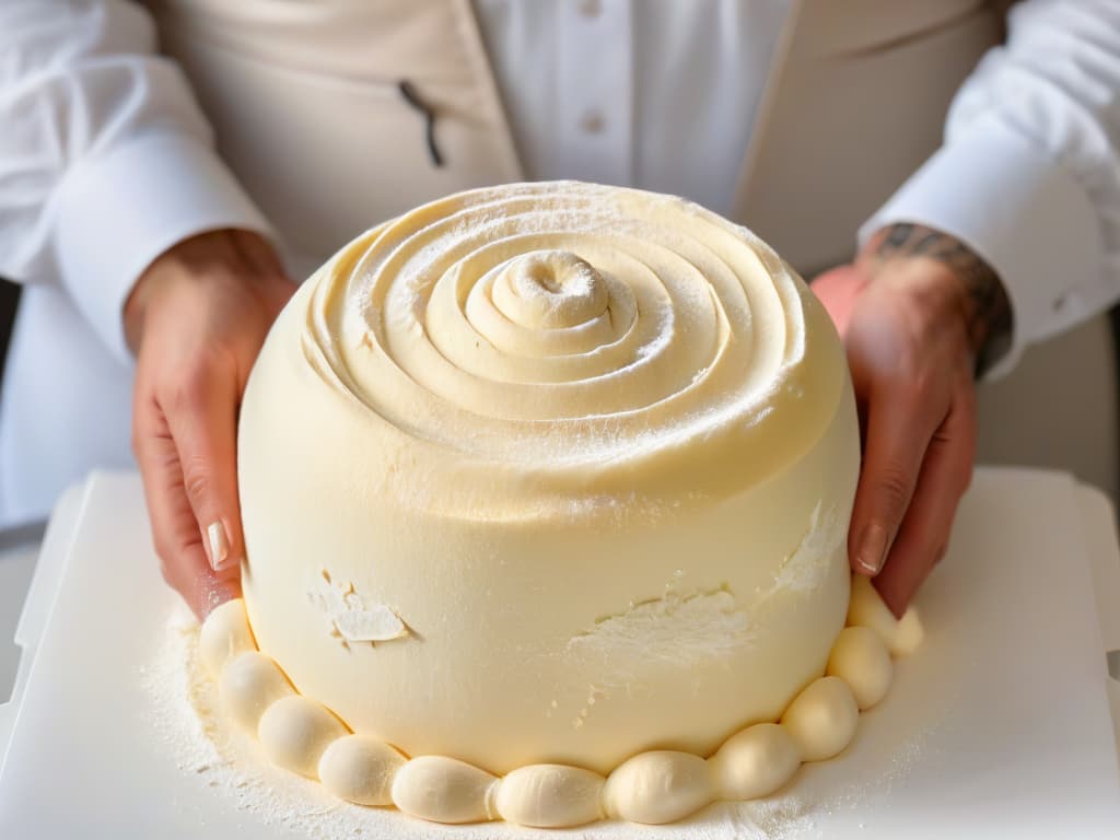  An ultradetailed closeup image of a baker's hands gently kneading a ball of dough, showcasing the intricate swirls and patterns formed by the mixing of ingredients. The hands are adorned with simple, elegant silver rings, adding a touch of sophistication to the scene. The dough is a perfect blend of earthy browns and rich yellows, symbolizing the wholesome and sustainable nature of the baking process. The background is a soft, blurred gradient of pastel colors, emphasizing the beauty and artistry of sustainable baking practices. hyperrealistic, full body, detailed clothing, highly detailed, cinematic lighting, stunningly beautiful, intricate, sharp focus, f/1. 8, 85mm, (centered image composition), (professionally color graded), ((bright soft diffused light)), volumetric fog, trending on instagram, trending on tumblr, HDR 4K, 8K