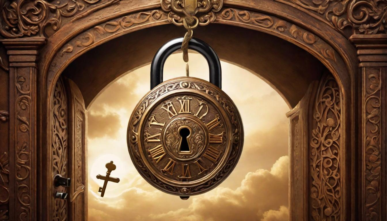  digital illustration, Antique lock juxtaposed with a gleaming key in mid air, doorways hidden in shadow, opportunities shrouded in mystique, turning points awaiting, choice and destiny hand in hand, symbolic crossroads, looking at viewer, dynamic pose, (intricate details, masterpiece, best quality)