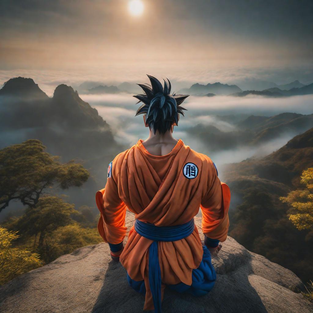  Goku hyperrealistic, full body, detailed clothing, highly detailed, cinematic lighting, stunningly beautiful, intricate, sharp focus, f/1. 8, 85mm, (centered image composition), (professionally color graded), ((bright soft diffused light)), volumetric fog, trending on instagram, trending on tumblr, HDR 4K, 8K