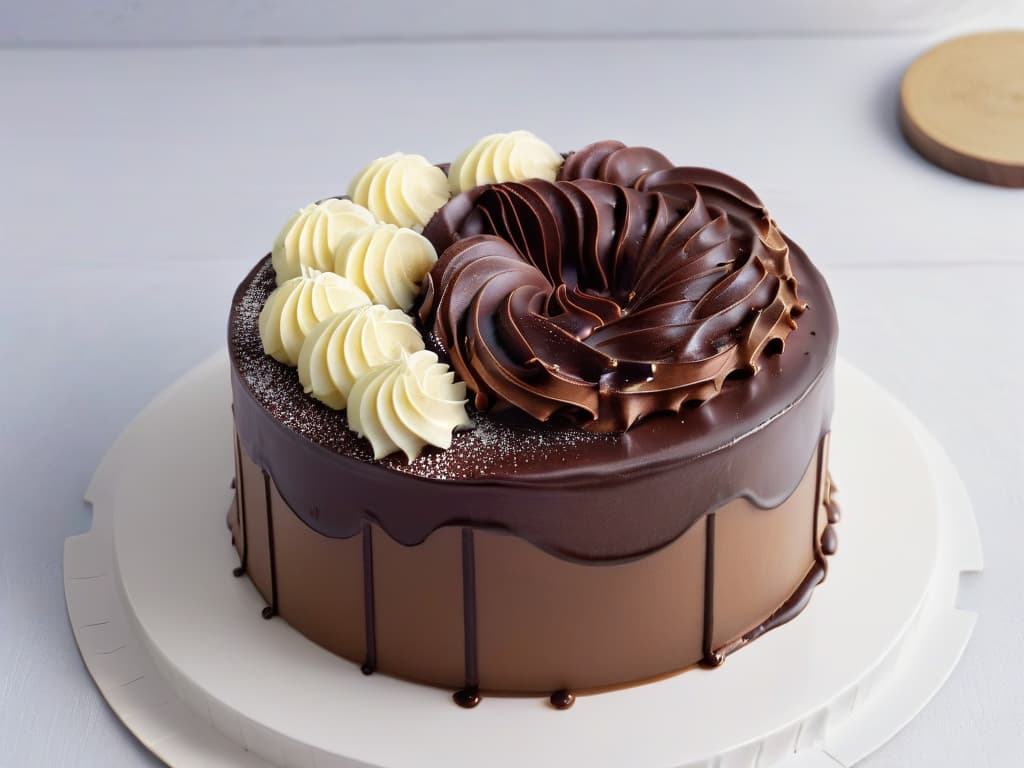  An ultradetailed closeup image of a perfectly piped swirl of glossy chocolate ganache on a decadent triplelayered cake, showcasing intricate ridges and smooth curves that glisten under a soft, natural light. The rich brown ganache contrasts beautifully against the velvety crumb of the cake, with tiny specks of vanilla bean visible, creating a visually striking and luxurious minimalistic composition that exudes elegance and sophistication. hyperrealistic, full body, detailed clothing, highly detailed, cinematic lighting, stunningly beautiful, intricate, sharp focus, f/1. 8, 85mm, (centered image composition), (professionally color graded), ((bright soft diffused light)), volumetric fog, trending on instagram, trending on tumblr, HDR 4K, 8K