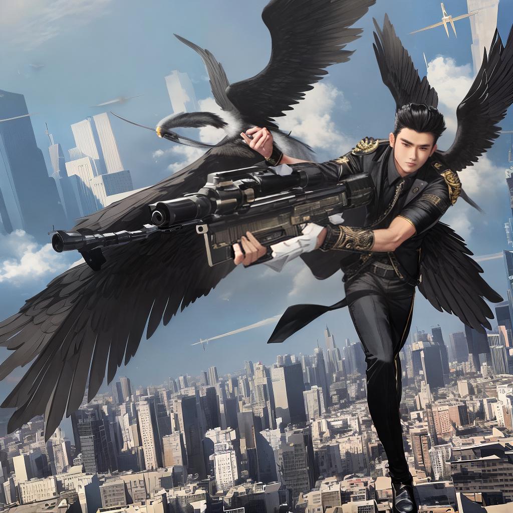  masterpiece, best quality, A men angel with black wings, holding a gun, has a good figure, and looks like a Chinese male star. ,The background is a deserted city. The sky is light. ((4k)), ((8k)).