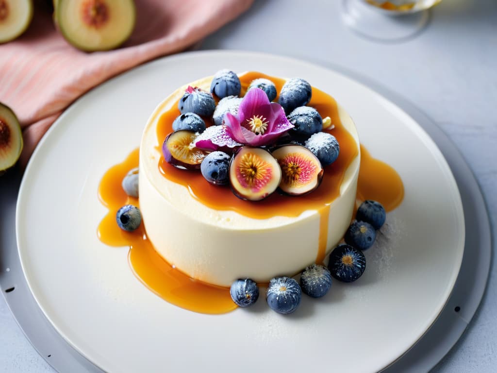  A highresolution closeup image of a decadent cheesecake topped with a delicate arrangement of exotic cheeses like mascarpone, burrata, and ricotta, drizzled with honey and garnished with fresh figs and edible flowers. The cheesecake sits on a sleek, modern plate against a simple, elegant background to emphasize the textures and flavors of the exquisite dessert. hyperrealistic, full body, detailed clothing, highly detailed, cinematic lighting, stunningly beautiful, intricate, sharp focus, f/1. 8, 85mm, (centered image composition), (professionally color graded), ((bright soft diffused light)), volumetric fog, trending on instagram, trending on tumblr, HDR 4K, 8K