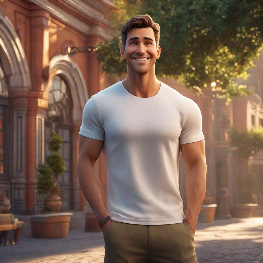  a 3D Disney style poster from Pixar, with a cute young Caucasian man, short hair, white t shirt standing upright smiling and looking straight ahead hyperrealistic, full body, detailed clothing, highly detailed, cinematic lighting, stunningly beautiful, intricate, sharp focus, f/1. 8, 85mm, (centered image composition), (professionally color graded), ((bright soft diffused light)), volumetric fog, trending on instagram, trending on tumblr, HDR 4K, 8K