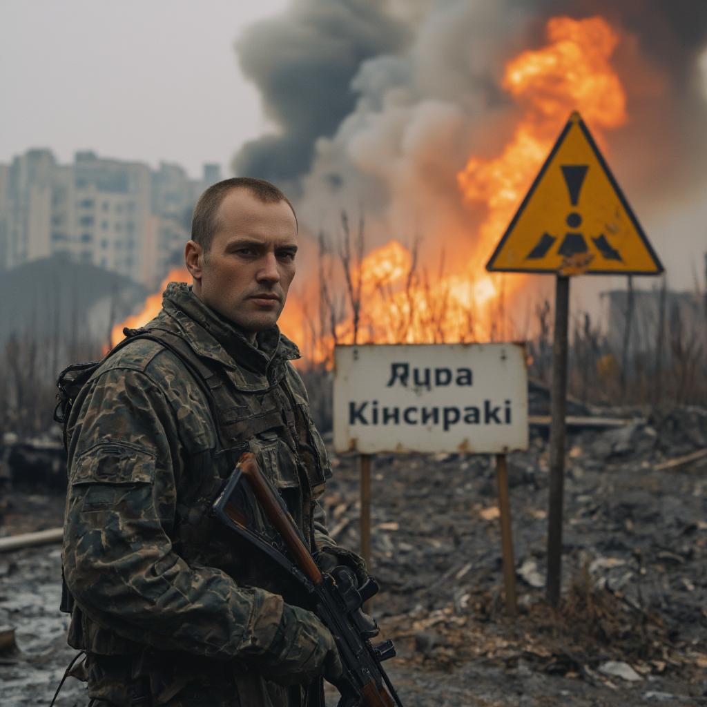  ultra high quality, very detailed , russian city destroyed by nuclear disaster , buildings on fires , man soldier looking at camera , wearing a poland military suit with no helmet standing near city white sign with the text 'russia' written on it , nuclear warning sign, hyperrealistic, full body, detailed clothing, highly detailed, cinematic lighting, stunningly beautiful, intricate, sharp focus, f/1. 8, 85mm, (centered image composition), (professionally color graded), ((bright soft diffused light)), volumetric fog, trending on instagram, trending on tumblr, HDR 4K, 8K