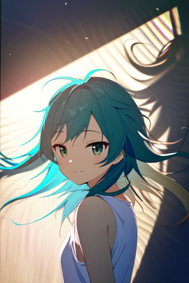  a beautiful blue haired ,long messy hair,beautiful detailed deep green eyes,cute and beautiful face,shy smile,small s,white tank top,upper body view,colorful,(masterpiece:1.2),(best quality:1.2),ultra detailed,best shadow,detailed background,high contrast,(best illumination,an extremely delicate and beautiful),((cinematic light)),hyper detail,dramatic light,intricate details,8k,anime,very aesthetic,