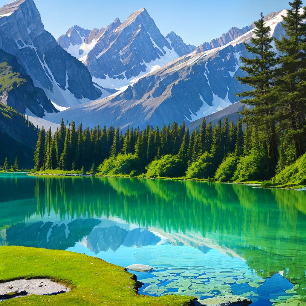  as a painting, Convey the serene majesty of towering mountains reflected in the crystal-clear waters of a tranquil alpine lake, using your unique artistic vision to evoke a sense of awe and tranquility.