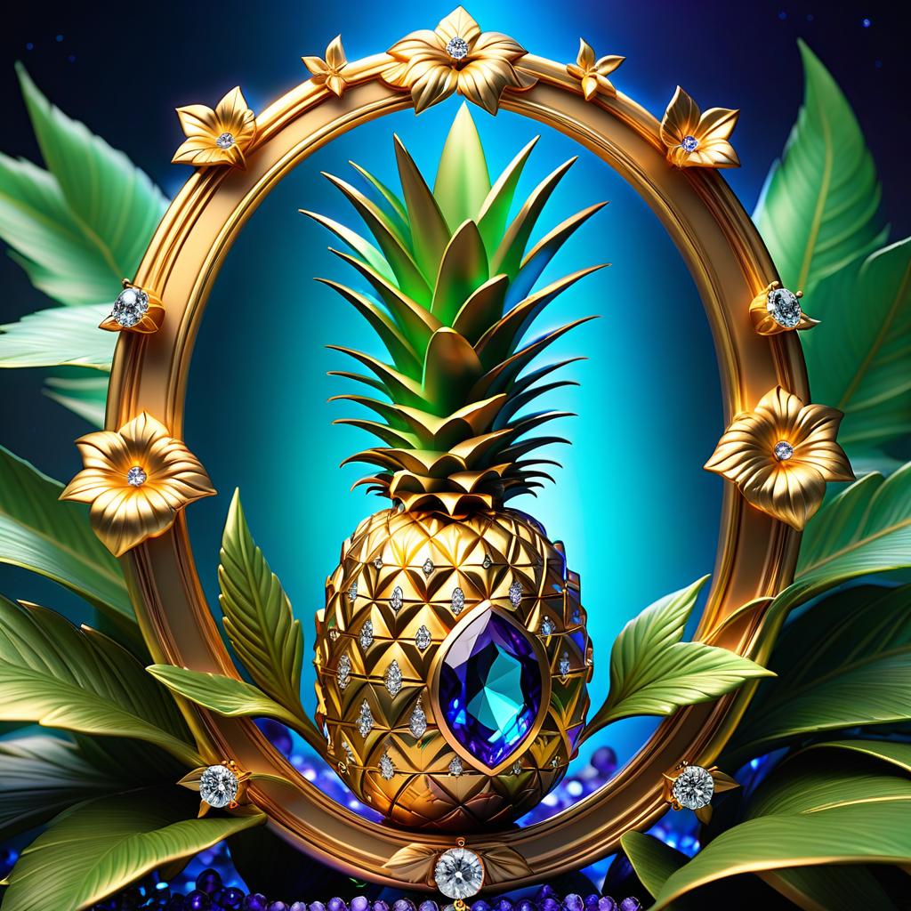  ethereal fantasy concept art of ( Frame): made of gold and diamond chains with pendants of blue stones framed by small diamonds. (Pineapple): gold jewellery in the shape of a pineapple fruit decorated with amethyst inlays. The leaves are green coloured emeralds. On the left side the pineapple is framed by golden petunia flowers. (Background): night sky with shining golden stars and shards of diamonds, blue stones and amethysts. At the bottom and top of the background are three decorative thin gold stripes. . magnificent, celestial, ethereal, painterly, epic, majestic, magical, fantasy art, cover art, dreamy hyperrealistic, full body, detailed clothing, highly detailed, cinematic lighting, stunningly beautiful, intricate, sharp focus, f/1. 8, 85mm, (centered image composition), (professionally color graded), ((bright soft diffused light)), volumetric fog, trending on instagram, trending on tumblr, HDR 4K, 8K