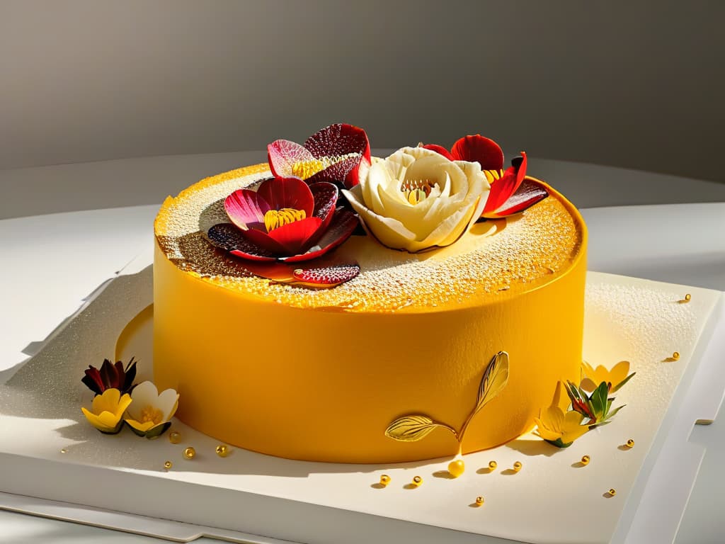  A closeup, ultradetailed image of a delicate, avantgarde pastry masterpiece crafted by René Redzepi. The pastry is a work of art, showcasing intricate layers of vibrant colors and textures, topped with edible gold leaf and delicate sugar flowers. The precision and artistry of the dessert are highlighted in the minimalist composition, emphasizing the innovative and inspirational nature of Redzepi's pastry creations. hyperrealistic, full body, detailed clothing, highly detailed, cinematic lighting, stunningly beautiful, intricate, sharp focus, f/1. 8, 85mm, (centered image composition), (professionally color graded), ((bright soft diffused light)), volumetric fog, trending on instagram, trending on tumblr, HDR 4K, 8K