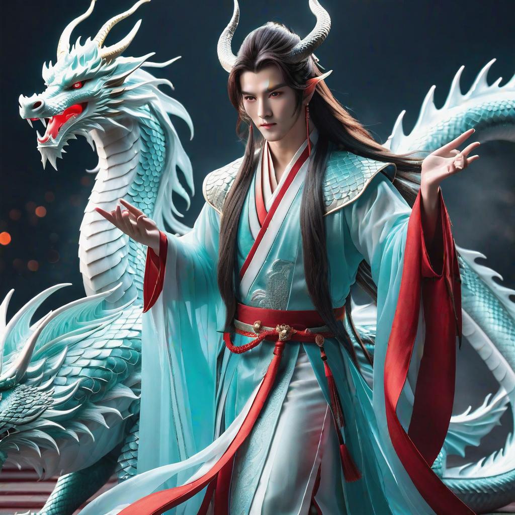  A young man with long hair and dragon horns, semi-transparent dragon horns, semi-transparent dragon tail, aquamarine clothing, Hanfu, aquamarine pupils, red eye liner, hair highlighted in red, moon, d hyperrealistic, full body, detailed clothing, highly detailed, cinematic lighting, stunningly beautiful, intricate, sharp focus, f/1. 8, 85mm, (centered image composition), (professionally color graded), ((bright soft diffused light)), volumetric fog, trending on instagram, trending on tumblr, HDR 4K, 8K