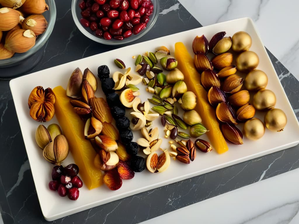  A sleek, minimalist image featuring an assortment of luxurious nuts and dried fruits elegantly arranged on a marble countertop. The selection includes golden hazelnuts, plump dried figs, rich pistachios, and deep red cranberries, creating a visually appealing and highend display perfect for exclusive pastry recipes. The natural colors and textures of the ingredients pop against the clean white surface, evoking a sense of sophistication and gourmet quality that resonates with the theme of the article. hyperrealistic, full body, detailed clothing, highly detailed, cinematic lighting, stunningly beautiful, intricate, sharp focus, f/1. 8, 85mm, (centered image composition), (professionally color graded), ((bright soft diffused light)), volumetric fog, trending on instagram, trending on tumblr, HDR 4K, 8K