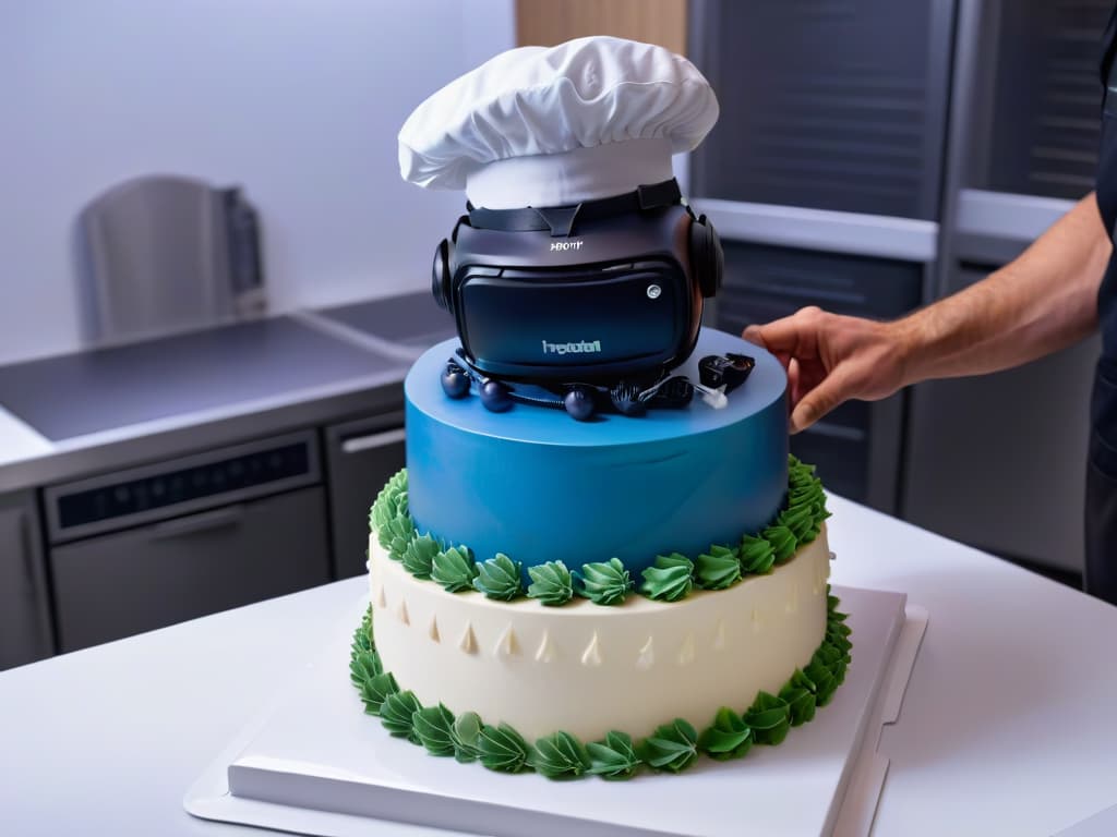  A closeup, ultradetailed image of a chef's hands delicately piping intricate details onto a virtual cake in a sleek, modern virtual reality kitchen. The hands are impeccably clean, showcasing precise movements as they create elaborate designs with virtual icing, set against a simple, futuristic backdrop highlighting the advanced technology of virtual reality in pastry arts. hyperrealistic, full body, detailed clothing, highly detailed, cinematic lighting, stunningly beautiful, intricate, sharp focus, f/1. 8, 85mm, (centered image composition), (professionally color graded), ((bright soft diffused light)), volumetric fog, trending on instagram, trending on tumblr, HDR 4K, 8K