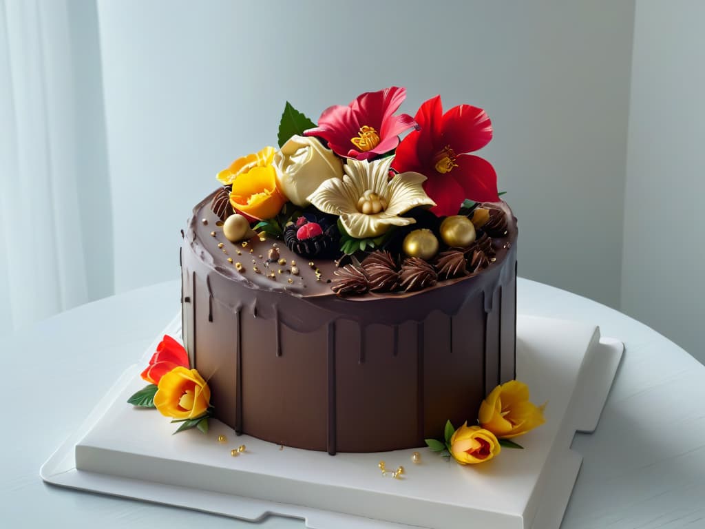  A closeup, photorealistic image of a decadent threetiered chocolate cake adorned with intricate sugar flowers and delicate gold leaf details. The cake sits on a pristine white pedestal, with soft natural light casting elegant shadows, highlighting the exquisite craftsmanship and artistry of the dessert. Each detail of the cake is meticulously captured, showcasing the rich textures of the moist chocolate layers, the glossy sheen of the frosting, and the delicate intricacies of the sugar flowers, enticing viewers with its beauty and tempting them with its deliciousness. hyperrealistic, full body, detailed clothing, highly detailed, cinematic lighting, stunningly beautiful, intricate, sharp focus, f/1. 8, 85mm, (centered image composition), (professionally color graded), ((bright soft diffused light)), volumetric fog, trending on instagram, trending on tumblr, HDR 4K, 8K