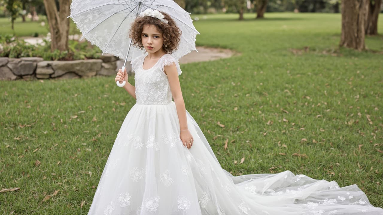  detail, photo, cinscene, dreamwalking the image depicts a standing in a picturesque outdoor setting. she is dressed in an elegant white dress with lace detailing and floral embellishments. the dress features a voluminous tulle with a cascading train that extends behind her, adorned with more lace and flower appliques. the girl's attire is completed with white lace boots that match the dress's aesthetic. she holds a white lace umbrella in her right hand, which is also decorated with flowers, providing a harmonious look with her dress. the umbrella is open, suggesting that it may be either for protection from the elements or as a fashion accessory. her curly hair is styled with a white floral headband that matches the dress