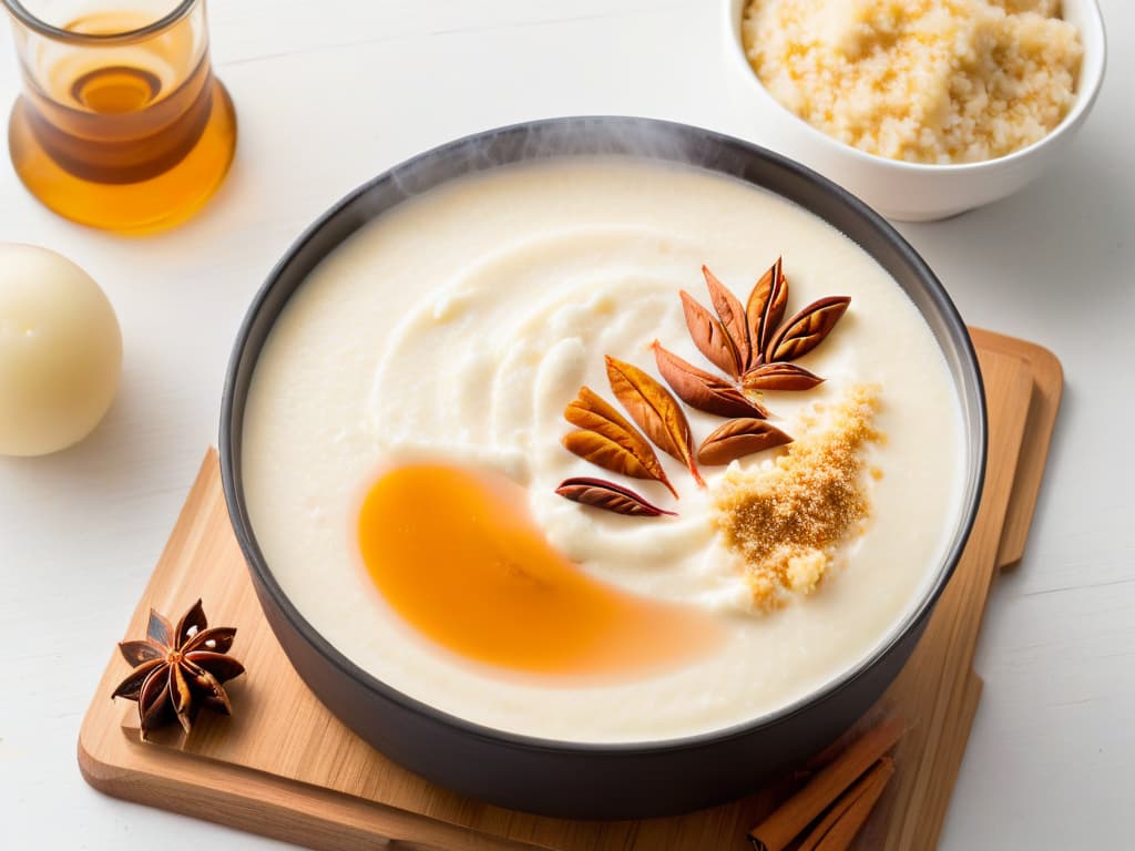  A serene, minimalistic image of a pot simmering with creamy arroz con leche, with subtle steam rising delicately, showcasing the traditional dessert in all its warm, comforting glory. The focus is on the rich texture and creamy consistency of the rice pudding, inviting viewers to indulge in its simplicity and traditional charm. hyperrealistic, full body, detailed clothing, highly detailed, cinematic lighting, stunningly beautiful, intricate, sharp focus, f/1. 8, 85mm, (centered image composition), (professionally color graded), ((bright soft diffused light)), volumetric fog, trending on instagram, trending on tumblr, HDR 4K, 8K