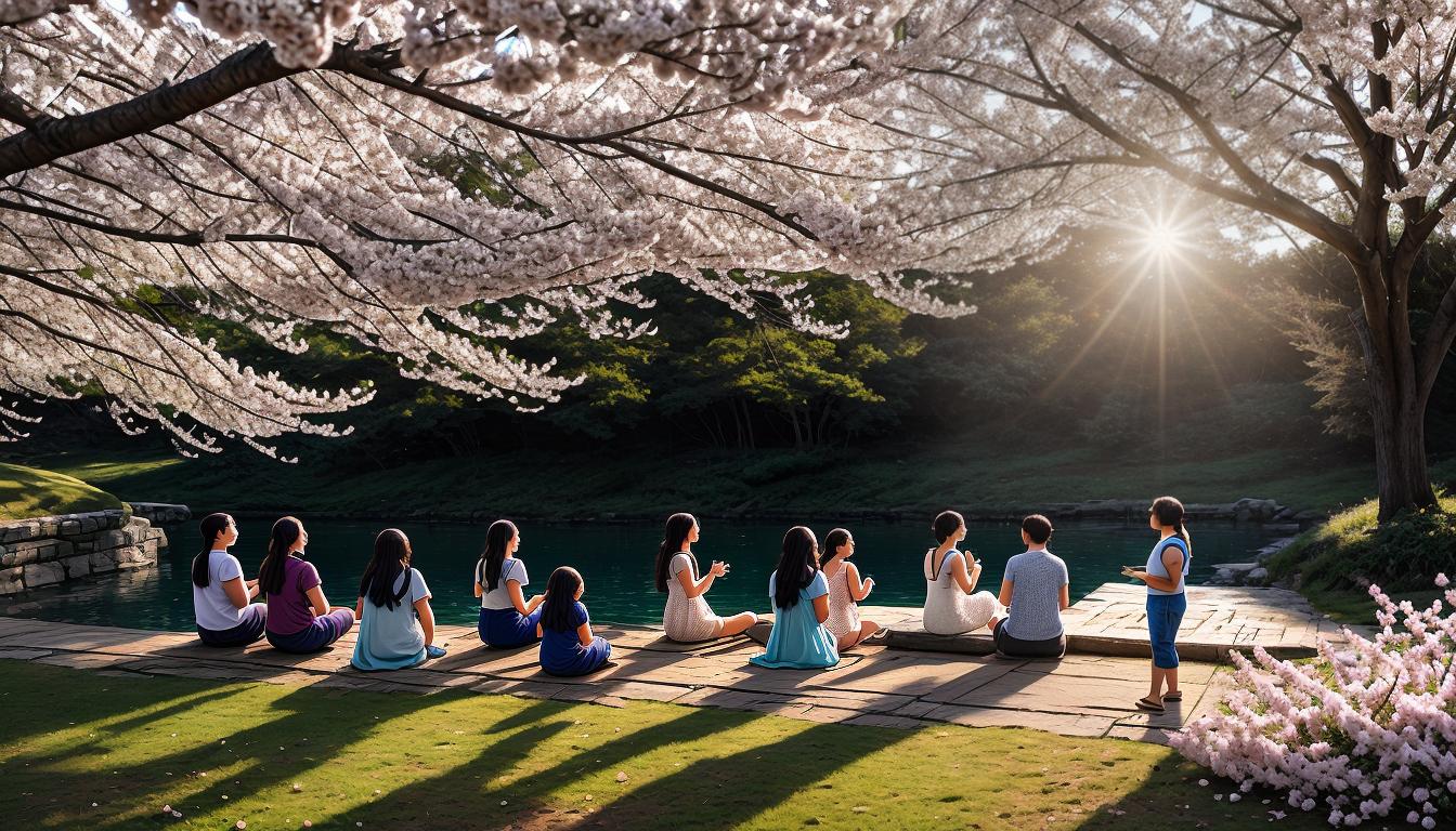  digital illustration, A group of individuals basking in the warm glow of a radiant figure, uplifting and joyful, serene scenery with soft sunlight, blossoms on trees, communal happiness, looking at viewer, dynamic pose, (intricate details, masterpiece, best quality)