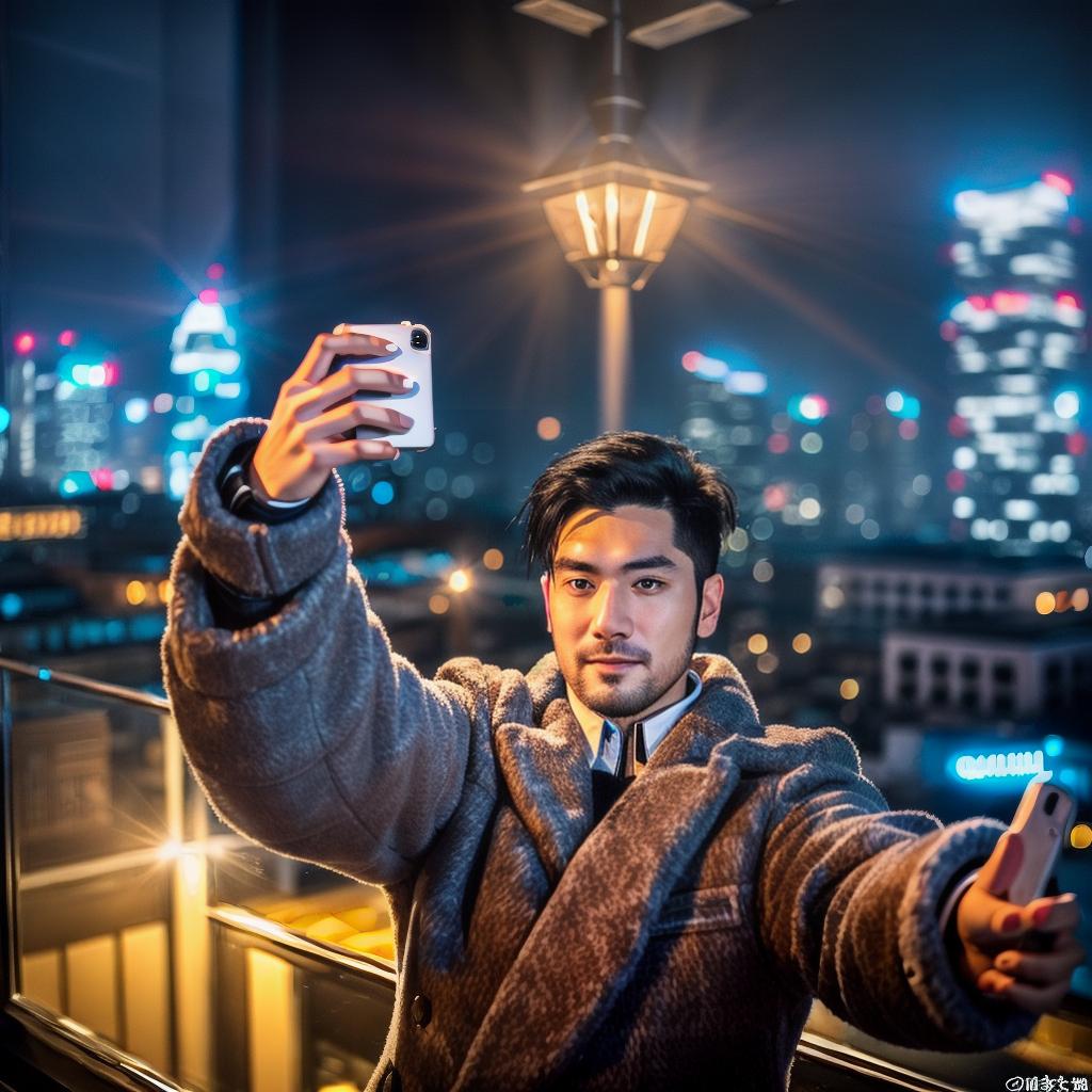  (A selfie photo:1.8), a young Japanese man, 140cm tall, with a chubby body type, a shaved head with white hair intermixed with black and a tousled style, sitting in a modern cafe during a winter evening, wearing a gray parka. The city illuminations can be seen through the window behind him and he is surrounded by the view of the city's illumination in the background. hyperrealistic, full body, detailed clothing, highly detailed, cinematic lighting, stunningly beautiful, intricate, sharp focus, f/1. 8, 85mm, (centered image composition), (professionally color graded), ((bright soft diffused light)), volumetric fog, trending on instagram, trending on tumblr, HDR 4K, 8K