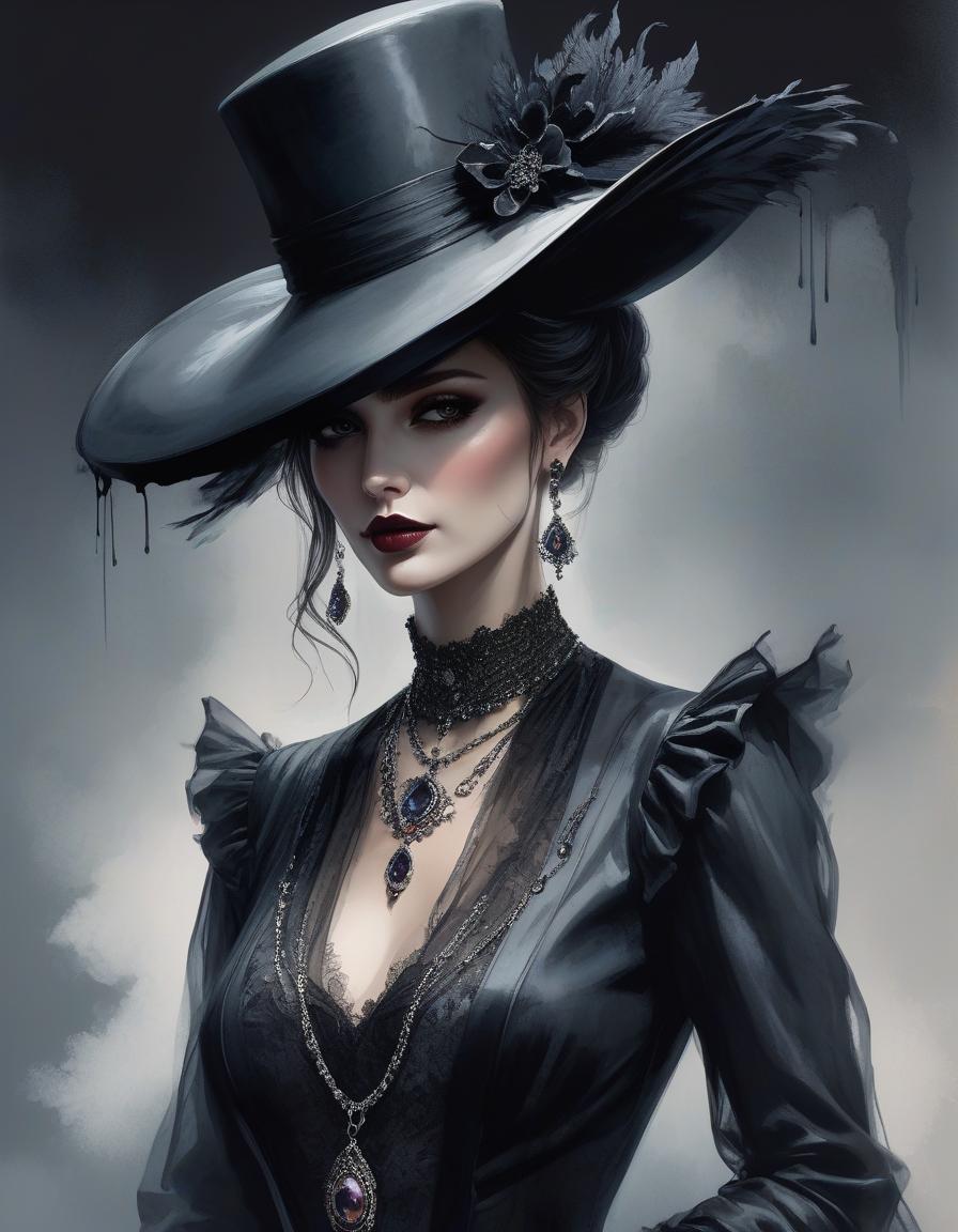  macabre style painting of a woman wearing a hat with a necklace, exquisite digital illustration, elegante pintura digital, linda pintura de persona gem, beautiful digital illustration, estilo de pintura digital, linda pintura digital, linda arte digital, no estilo aquarela, pintura linda, no art style by bowater, a beautiful art illustration, no estilo de aquarela digital, with ink blots and paint running down the screen . dark, gothic, grim, haunting, highly detailed hyperrealistic, full body, detailed clothing, highly detailed, cinematic lighting, stunningly beautiful, intricate, sharp focus, f/1. 8, 85mm, (centered image composition), (professionally color graded), ((bright soft diffused light)), volumetric fog, trending on instagram, trending on tumblr, HDR 4K, 8K