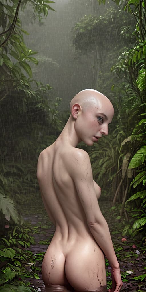  bald-girl, dirty, naked, back, in the jungle, raining