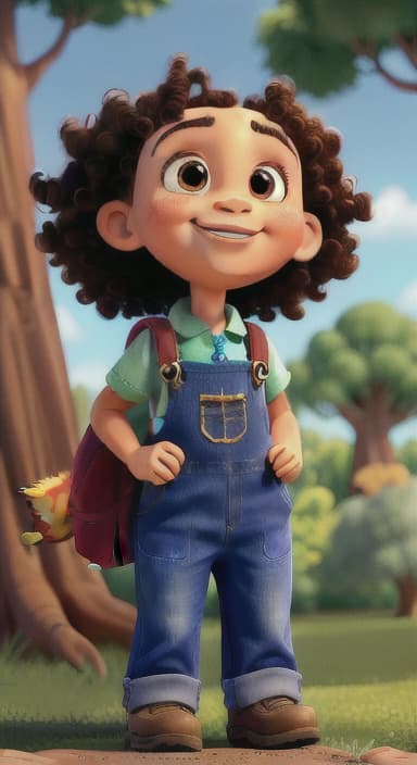  {Riley looking up at the tree with a big smile, animals surrounding them., Riley, a curious with big brown eyes and curly hair, wearing overalls and carrying a small backpack. Their friend, Skye, a bluebird with shiny feathers.