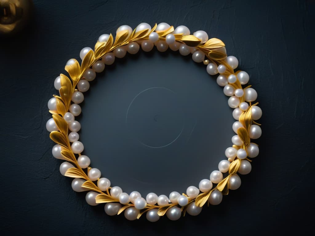  A closeup, ultradetailed image of delicate, shimmering gold sugar pearls arranged in a perfect circle on a dark slate backdrop. The pearls vary in size, catching the light to create a mesmerizing effect that showcases their elegance and precision. Each pearl is flawlessly round, reflecting the meticulous craftsmanship that goes into creating these edible decorations. The contrast between the lustrous pearls and the matte surface they rest on adds a sophisticated touch to the overall composition, making them a captivating focal point for any dessert. hyperrealistic, full body, detailed clothing, highly detailed, cinematic lighting, stunningly beautiful, intricate, sharp focus, f/1. 8, 85mm, (centered image composition), (professionally color graded), ((bright soft diffused light)), volumetric fog, trending on instagram, trending on tumblr, HDR 4K, 8K