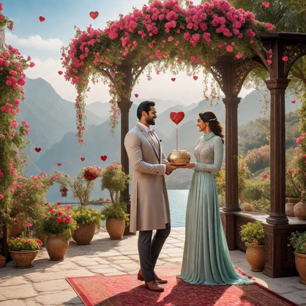  An illustration of a man and woman in a happy and romantic commitment, symbolizing a joyful and halal life together. The scene is warm with a representation of thoughts of love that brighten the day, accompanied by symbols of anticipation and a shared future, possibly shown with items such as a calendar with a heart or a shared home. hyperrealistic, full body, detailed clothing, highly detailed, cinematic lighting, stunningly beautiful, intricate, sharp focus, f/1. 8, 85mm, (centered image composition), (professionally color graded), ((bright soft diffused light)), volumetric fog, trending on instagram, trending on tumblr, HDR 4K, 8K