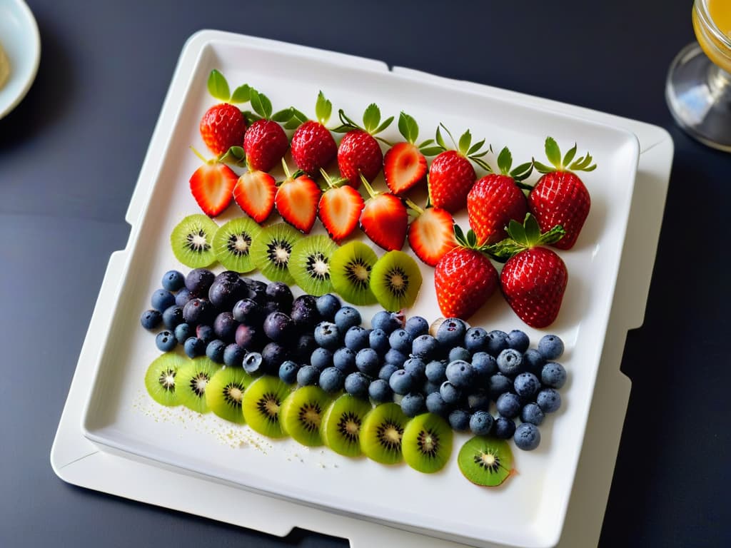  A minimalistic and elegant image of a beautifully arranged breakfast plate featuring a colorful assortment of sliced fruits like strawberries, blueberries, and kiwi, paired with a sprinkle of chia seeds and a drizzle of honey on a pristine white dish. The fruits are artfully arranged in a visually appealing manner, with the honey glistening under soft lighting, showcasing a perfect balance of healthiness and sweetness. hyperrealistic, full body, detailed clothing, highly detailed, cinematic lighting, stunningly beautiful, intricate, sharp focus, f/1. 8, 85mm, (centered image composition), (professionally color graded), ((bright soft diffused light)), volumetric fog, trending on instagram, trending on tumblr, HDR 4K, 8K