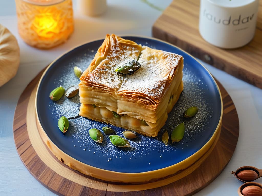  An intricate closeup image of a golden, flaky baklava pastry sprinkled with finely crushed pistachios, placed on a delicate ceramic plate with traditional African patterns in vibrant hues of red, blue, and yellow. The pastry is glistening under soft, natural light, showcasing the layers of phyllo dough and rich nut filling, evoking a sense of indulgence and cultural fusion. hyperrealistic, full body, detailed clothing, highly detailed, cinematic lighting, stunningly beautiful, intricate, sharp focus, f/1. 8, 85mm, (centered image composition), (professionally color graded), ((bright soft diffused light)), volumetric fog, trending on instagram, trending on tumblr, HDR 4K, 8K