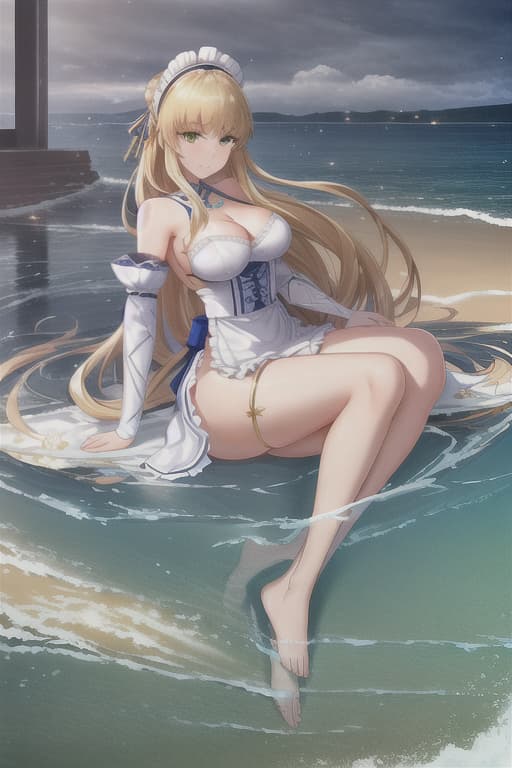  (score 9,score 8 up,score 7 up,),Fate saber,solo,maid,maid headdress,looking at viewer,outdoor,lake,apron,blonde hair,indoors,green eyes,bare foot,two feet in the water Barefoot in the water. big wave，lotus flower sex stunny hyperrealistic, full body, detailed clothing, highly detailed, cinematic lighting, stunningly beautiful, intricate, sharp focus, f/1. 8, 85mm, (centered image composition), (professionally color graded), ((bright soft diffused light)), volumetric fog, trending on instagram, trending on tumblr, HDR 4K, 8K