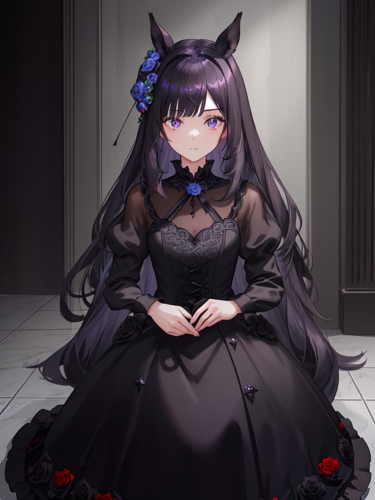  (masterpiece:1.2),(best quality:1.2),1 girl,black long hair,(hair over left eye:1.2),purple eyes,(black wedding dress:1.2),red sleeves,blue roses bouquet,horse ears,small black hat with a blue rose,in,in chapel,rice shower,cowboy shot,pov,looking at viewer, masterpiece, best quality,8k,ultra detailed,high resolution,an extremely delicate and beautiful,hyper detail