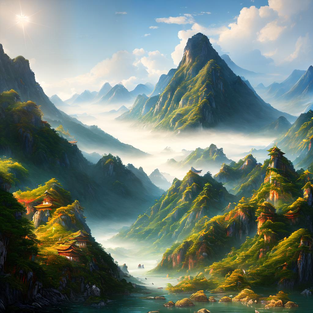  ((A masterpiece)),(((best quality))), 8k, high detailed, ultra-detailed. A traditional Chinese landscape painting depicting a serene mountain and water scene. hyperrealistic, full body, detailed clothing, highly detailed, cinematic lighting, stunningly beautiful, intricate, sharp focus, f/1. 8, 85mm, (centered image composition), (professionally color graded), ((bright soft diffused light)), volumetric fog, trending on instagram, trending on tumblr, HDR 4K, 8K