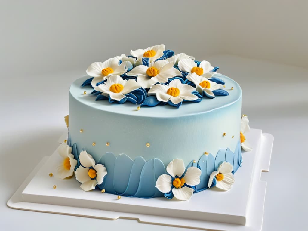  A closeup, ultradetailed image of a perfectly frosted cake with intricate piping details, showcasing a smooth and glossy surface that reflects soft overhead lighting. The cake is adorned with delicate edible flowers and gold leaf accents, sitting on a sleek, modern cake stand against a clean, white background. hyperrealistic, full body, detailed clothing, highly detailed, cinematic lighting, stunningly beautiful, intricate, sharp focus, f/1. 8, 85mm, (centered image composition), (professionally color graded), ((bright soft diffused light)), volumetric fog, trending on instagram, trending on tumblr, HDR 4K, 8K