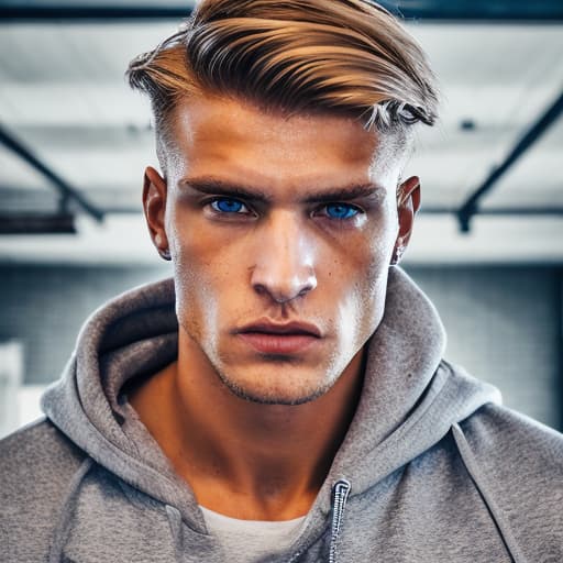 portrait+ style Russian queer fitness model blonde hunk dude face