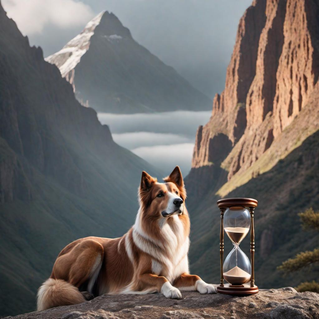  Logo for 'Stop Time Photography' featuring an hourglass on top of a mountain. On one side of the mountain is a horse and on the other side, a dog. The design should be clean and suitable for a professional photography business, with an aesthetic that reflects the themes of nature, time, and memory preservation. Please use a color palette that complements these themes, potentially with earth tones or timeless hues. hyperrealistic, full body, detailed clothing, highly detailed, cinematic lighting, stunningly beautiful, intricate, sharp focus, f/1. 8, 85mm, (centered image composition), (professionally color graded), ((bright soft diffused light)), volumetric fog, trending on instagram, trending on tumblr, HDR 4K, 8K