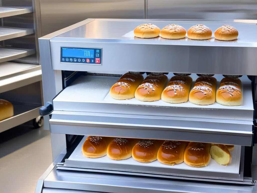  A closeup, ultradetailed image of a sleek, modern commercial breadmaking machine in a pristine bakery kitchen setting. The machine's stainless steel surface gleams under the soft overhead lights, showcasing intricate digital controls and a row of perfectly aligned bread pans. Crumbs of freshly baked bread scatter around the machine, with a hint of steam rising from the just completed loaves. The scene conveys precision, efficiency, and the artistry of breadmaking in a visually captivating, minimalist composition. hyperrealistic, full body, detailed clothing, highly detailed, cinematic lighting, stunningly beautiful, intricate, sharp focus, f/1. 8, 85mm, (centered image composition), (professionally color graded), ((bright soft diffused light)), volumetric fog, trending on instagram, trending on tumblr, HDR 4K, 8K