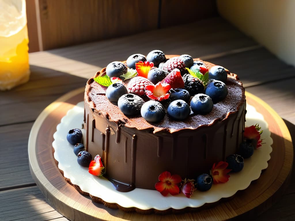  A photorealistic image of a beautifully decorated raw vegan chocolate cake topped with fresh berries and edible flowers, set on a rustic wooden table with sunlight streaming in through a nearby window, highlighting the textures and colors of the dessert. hyperrealistic, full body, detailed clothing, highly detailed, cinematic lighting, stunningly beautiful, intricate, sharp focus, f/1. 8, 85mm, (centered image composition), (professionally color graded), ((bright soft diffused light)), volumetric fog, trending on instagram, trending on tumblr, HDR 4K, 8K