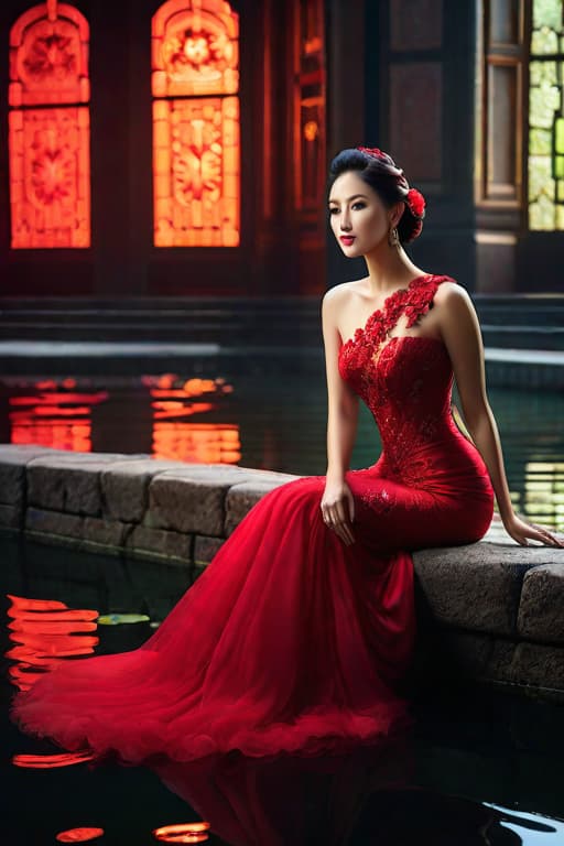  (masterpiece), (extremely intricate:1.3), (realistic), Red koi fish, big almond eyes, insIde the palace ,barefoot , she sitting into a crystal and shiny pond, wearing a gorgeous red evening gown , water reflection, photograph of Fairy like actress, photograph of an charming Ancient Princesses of PRC actress cinematic lighting, octane render, unreal engine, volumetric dtx, (film grain), 8k photorealistic, cinematic lighting, HD, high details, dramatic, trending on artstation, full body, head shot, film still, stunning photography. award coached, anatomically correct, hyper realistic, super detailed, 4k uhd image, canon eos r3 hyperrealistic, full body, detailed clothing, highly detailed, cinematic lighting, stunningly beautiful, intricate, sharp focus, f/1. 8, 85mm, (centered image composition), (professionally color graded), ((bright soft diffused light)), volumetric fog, trending on instagram, trending on tumblr, HDR 4K, 8K