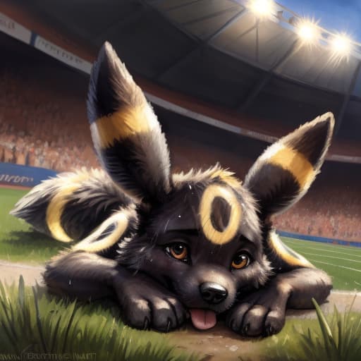  ((Umbreon)), , rear view, wide apart, covering face with hands, lying on back, (()), anatomically correct, gaping ,in the center of the stadium, (wearing a Pokemon trainer's cap), public humiliation, in front of witnesses, in the crowd ,knot, dog , feet towards the viewer, lying with his paws towards the viewer, penetration, public indecency, ,sperm in , , , tears, scaredy boy, tongue, ready to , after , sweat, tired, collar, cute,, , presenting , , s,, raised tail, paws,, best quality, shaded, extreme detail, highly detailed, ultradetailed, intricate, realistic, detailed background, hi res, realistic, photography \(artwork\), (by kenket), by ross t