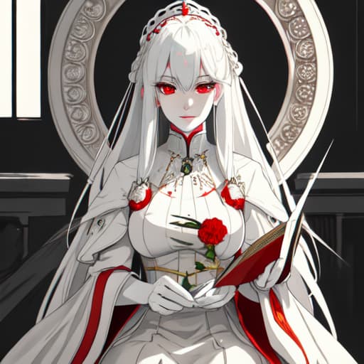  a girl manhua character with white hair and red eyes with white skin wearing noble dress and siting on the throne hyperrealistic, full body, detailed clothing, highly detailed, cinematic lighting, stunningly beautiful, intricate, sharp focus, f/1. 8, 85mm, (centered image composition), (professionally color graded), ((bright soft diffused light)), volumetric fog, trending on instagram, trending on tumblr, HDR 4K, 8K