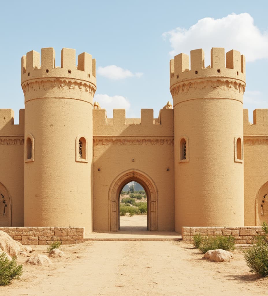  good quality, high quality, castle walls in a desert. the imposing sandstone walls stand tall. this is front facing. the castles towers are shaped like sculptures. with the merlons being gold like crowns.