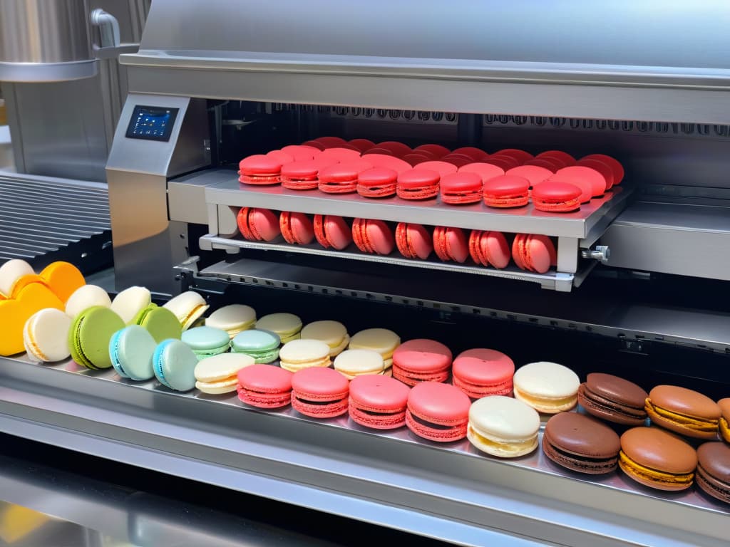  An ultradetailed, photorealistic image of a stateoftheart automatic macaron machine in action. The machine is sleek and modern, with stainless steel components and colorful macarons being elegantly crafted in precise, synchronized movements. The image captures the intricate process of creating macarons, showcasing the consistency and perfection achieved by the advanced technology of the machine. The lighting is soft yet focused, highlighting the vibrant colors of the macarons and the intricate details of the machine's design. hyperrealistic, full body, detailed clothing, highly detailed, cinematic lighting, stunningly beautiful, intricate, sharp focus, f/1. 8, 85mm, (centered image composition), (professionally color graded), ((bright soft diffused light)), volumetric fog, trending on instagram, trending on tumblr, HDR 4K, 8K