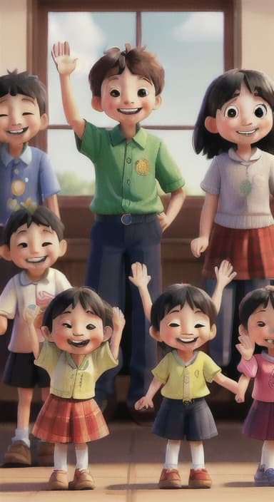  {A heartwarming scene of all the children waving goodbye with happy expressions., Children waving with wide smiles, looking grateful and content.