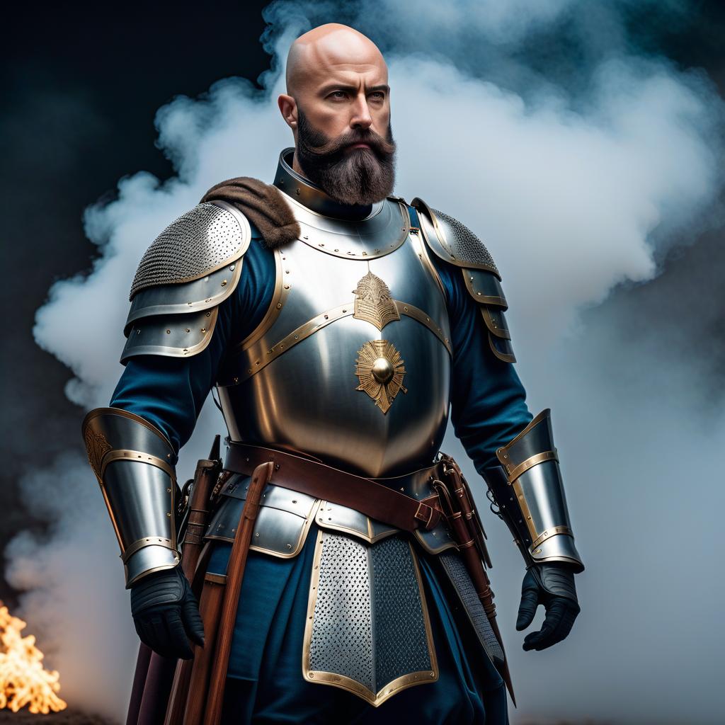  minimalist style A bald, bearded soldier in knightly armor, without a helm. . simple, clean, uncluttered, modern, elegant hyperrealistic, full body, detailed clothing, highly detailed, cinematic lighting, stunningly beautiful, intricate, sharp focus, f/1. 8, 85mm, (centered image composition), (professionally color graded), ((bright soft diffused light)), volumetric fog, trending on instagram, trending on tumblr, HDR 4K, 8K